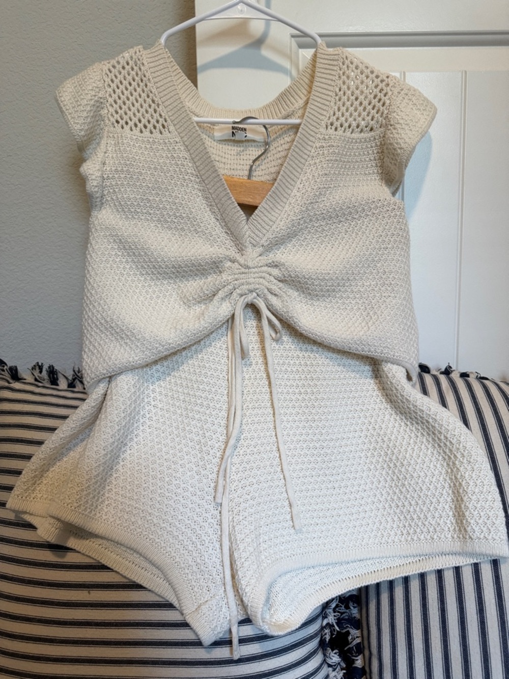 Naked NVC Cream Knit Drawstring V-Neck Crop Top